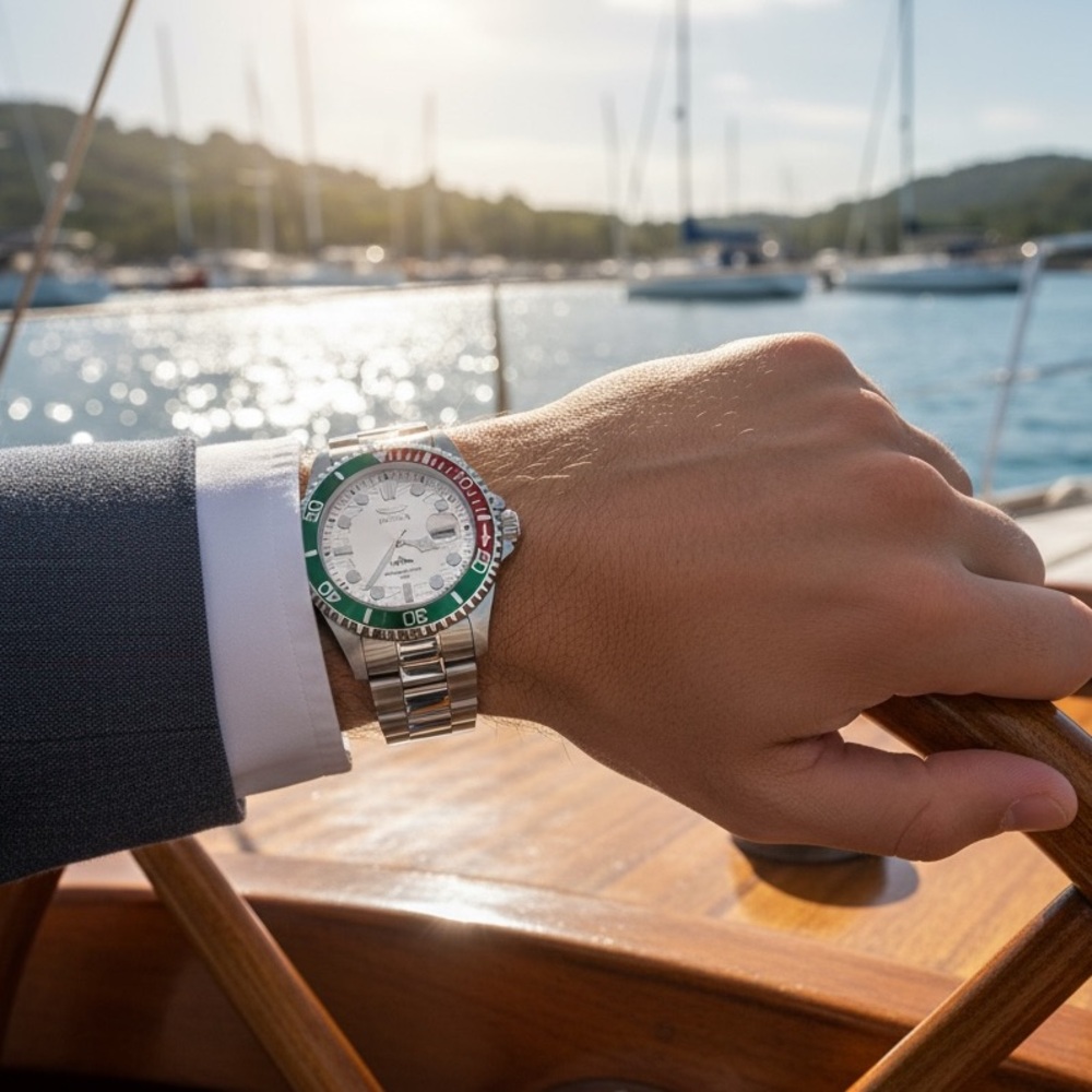 Invicta Silver Watch with Red and Green Accents